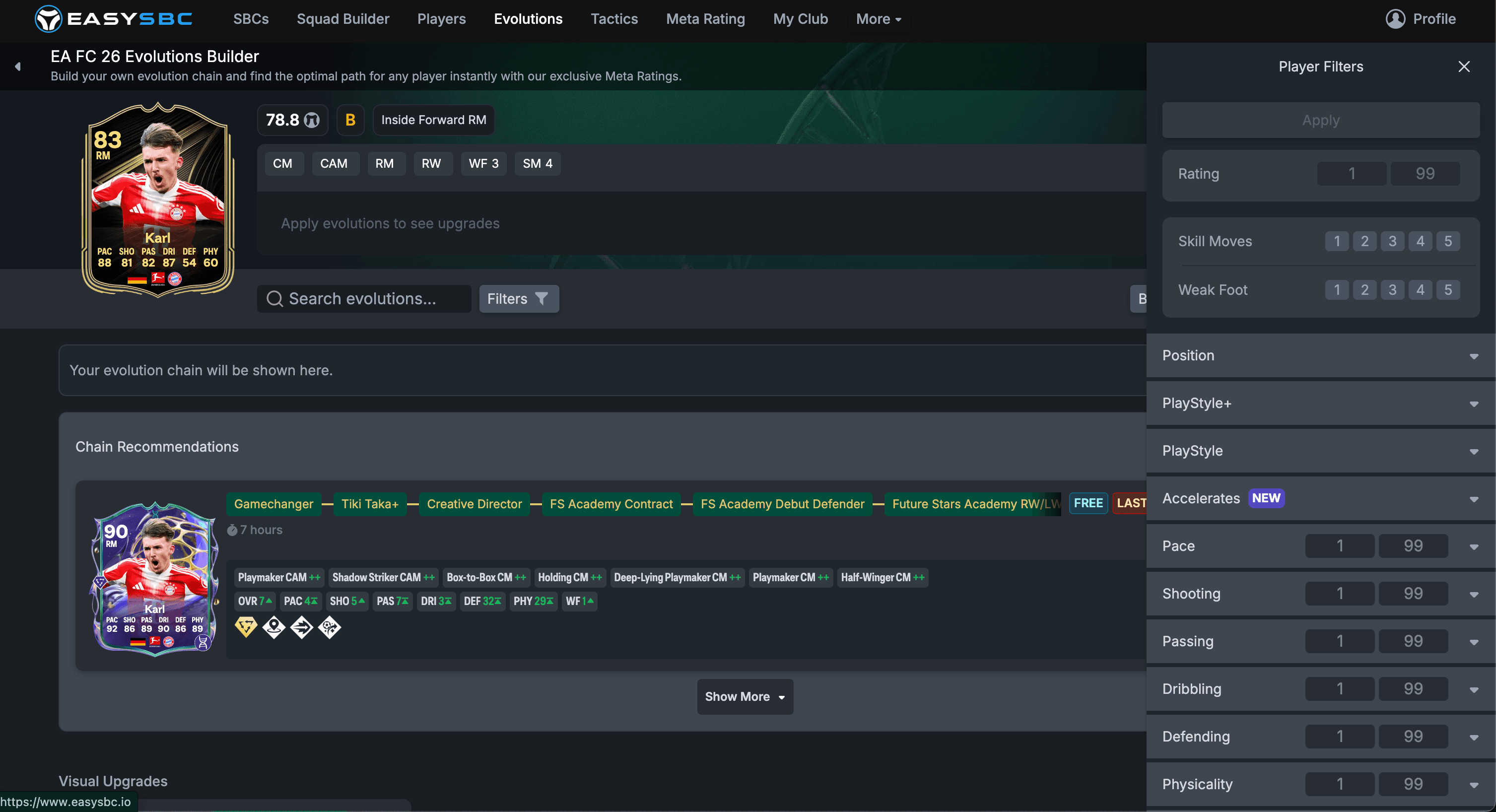 player filters in evolution builder