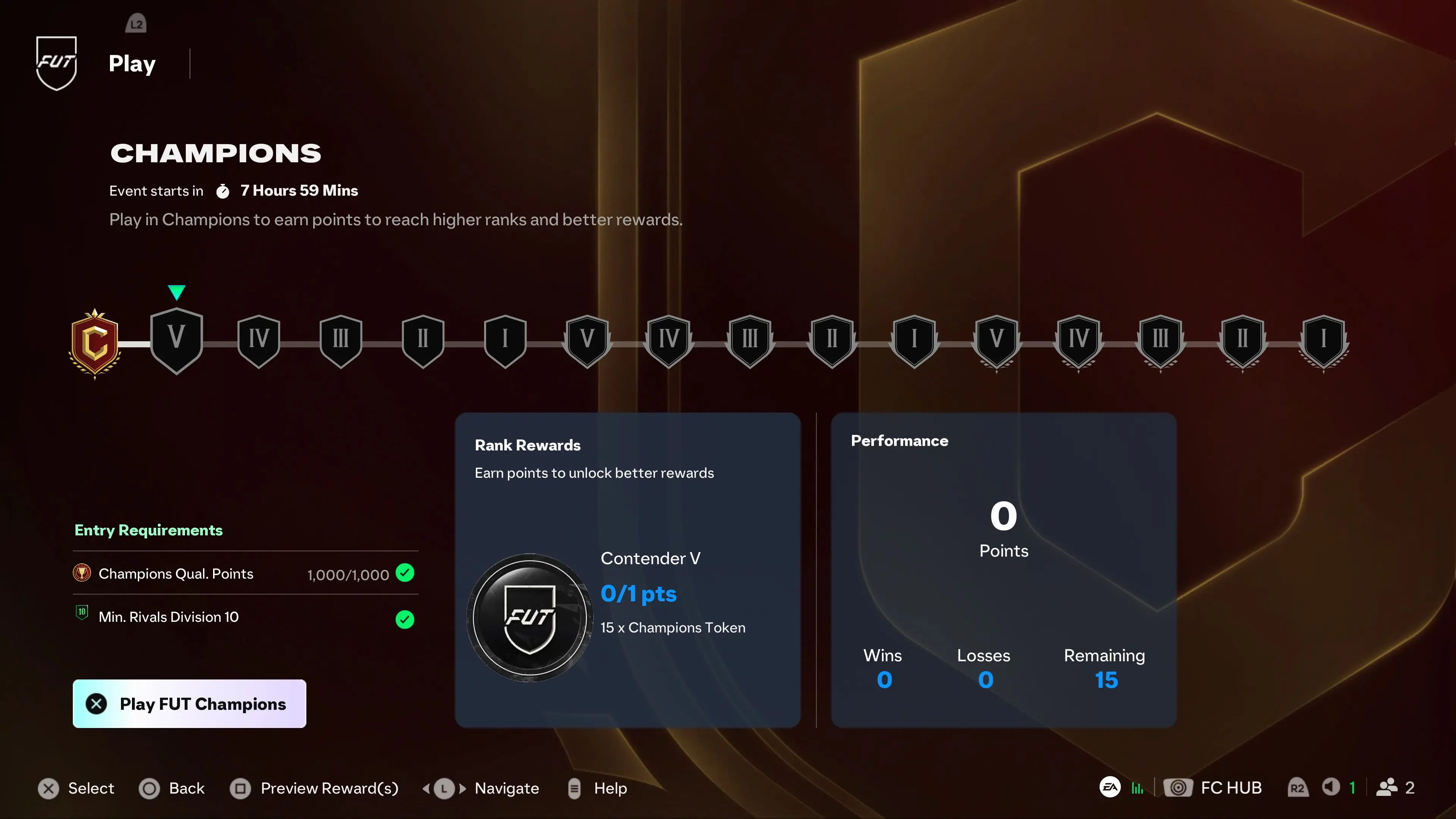 FC 27 FUT Champions ranks and rewards screen showing the 15-match Weekend League format